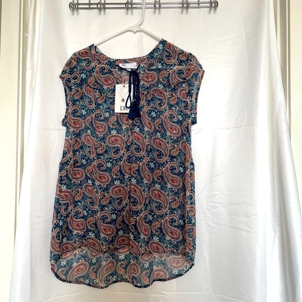DR2 paisley navy boho sheer v-neck tie button v-neck blouse​​​​​​​​​​​​